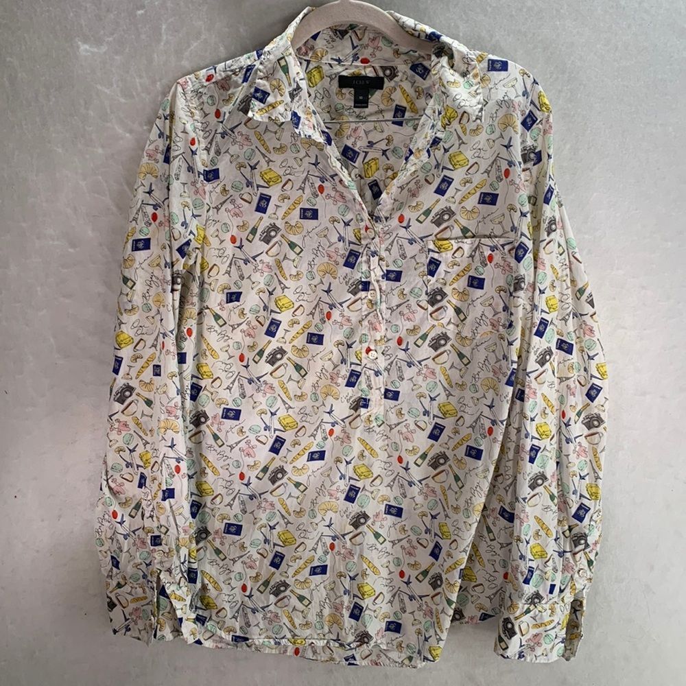 Womens J.Crew French print popover blouse travel size 10